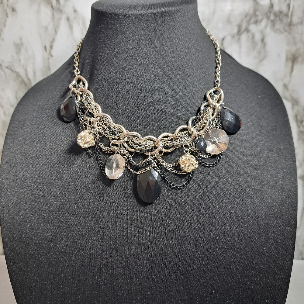 Women's Chain Necklace Acrylic Stones Black, Clear, & Silver Tone Size 11 Inches